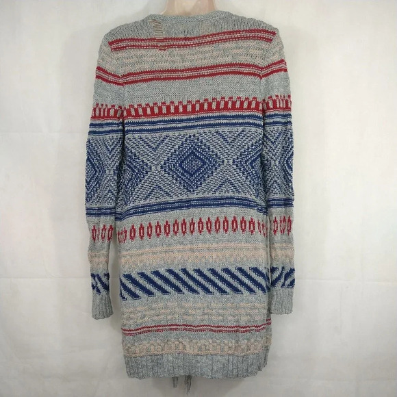 American Eagle Open Cardigan Sweater Fringe Women Size S Blue Grey Red Long Slv - Picture 5 of 6